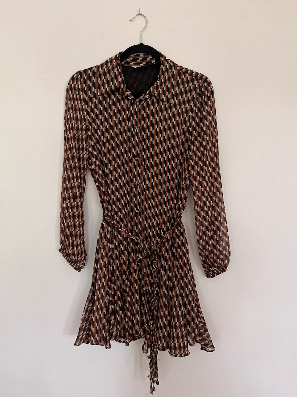 Zara Brown Geometric Print Long-Sleeve Tie-Waist Shirt Dress